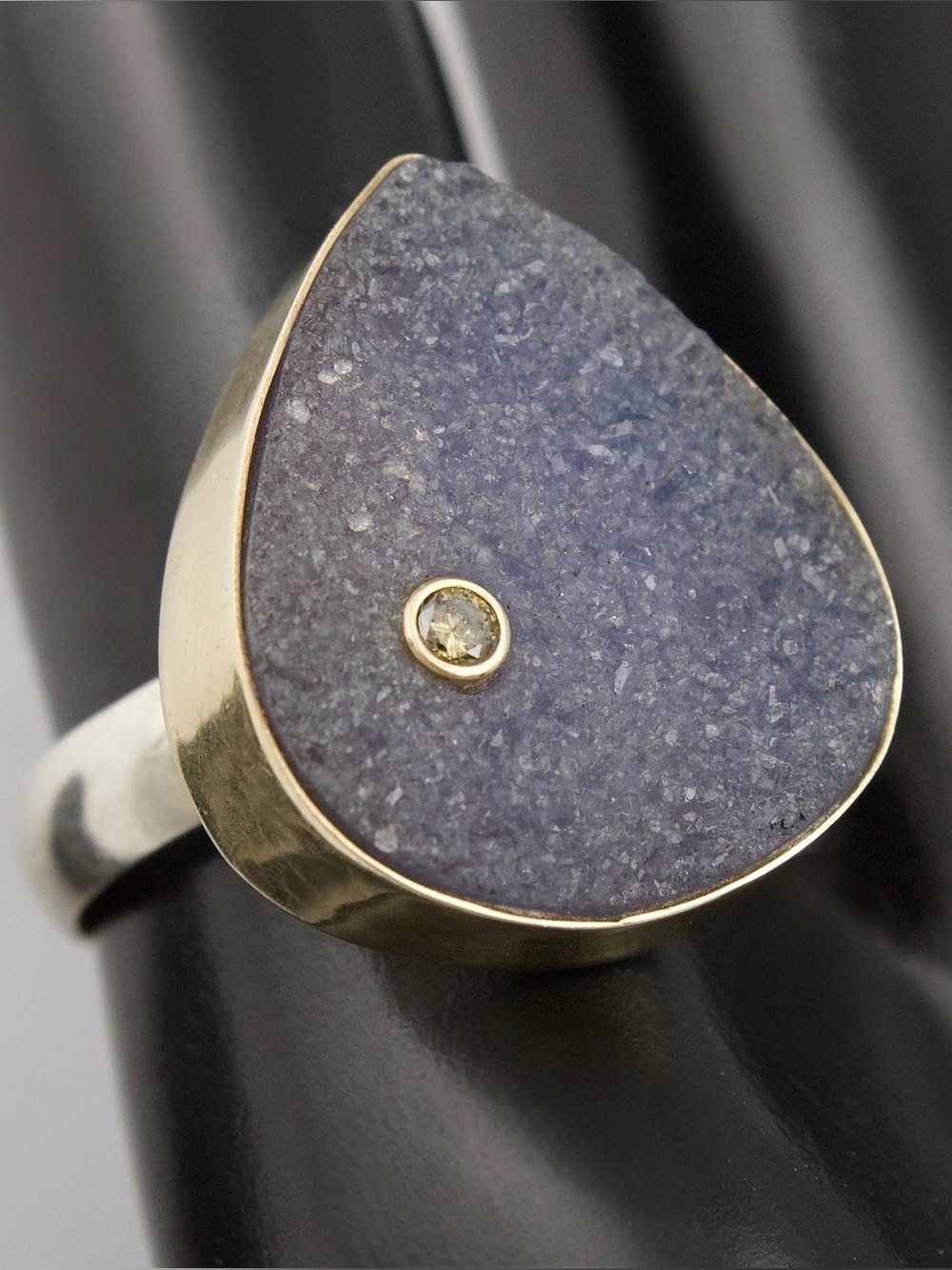 14K Gold and Sterling Silver Ring with Druzy Quartz and Genuine Diamond Size 6.5